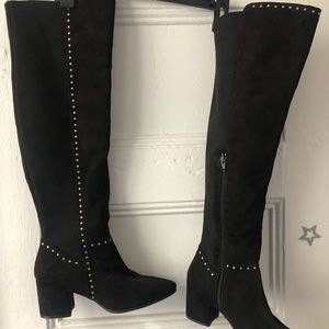 Over The Knee Black Small-Heeled Suede Boots